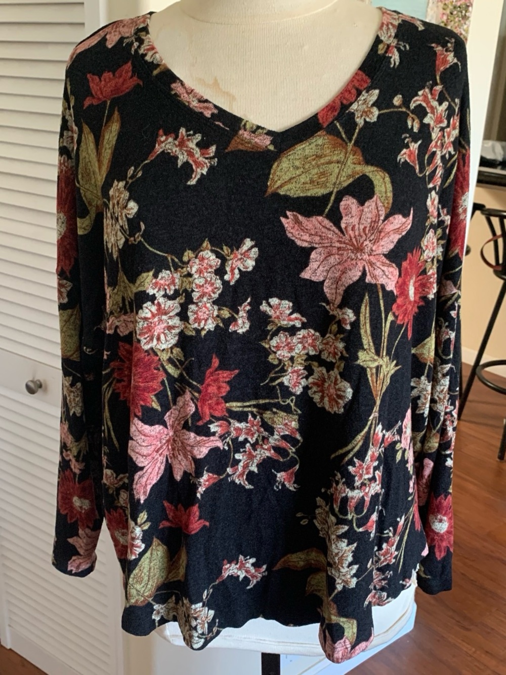 Floral V-Neck Long Sleeve Top - Black with Pink & Green Floral, very soft fabri.